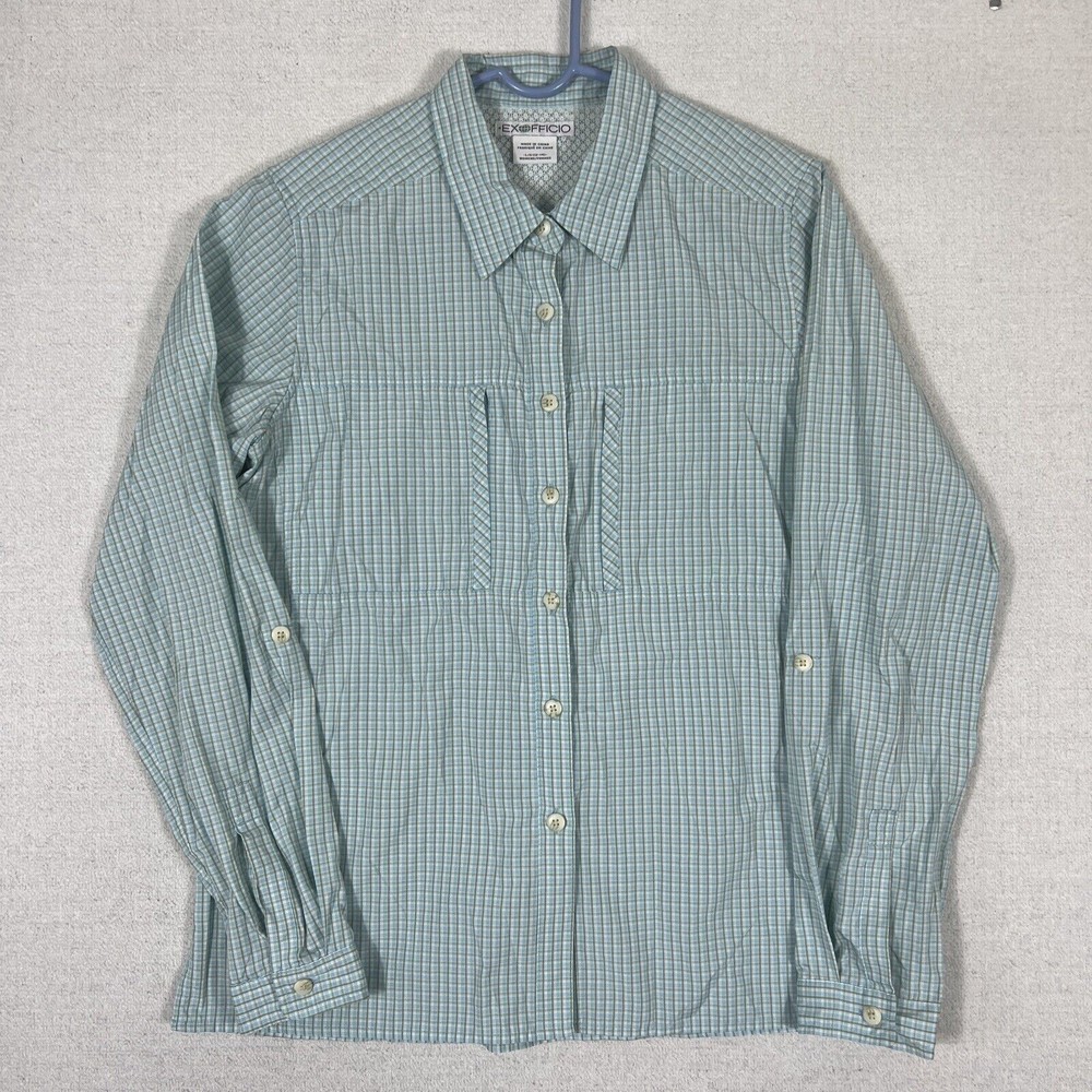ExOfficio Button Up Vented Hiking Shirt Womens Large Gingham Long Sleeve Pockets
